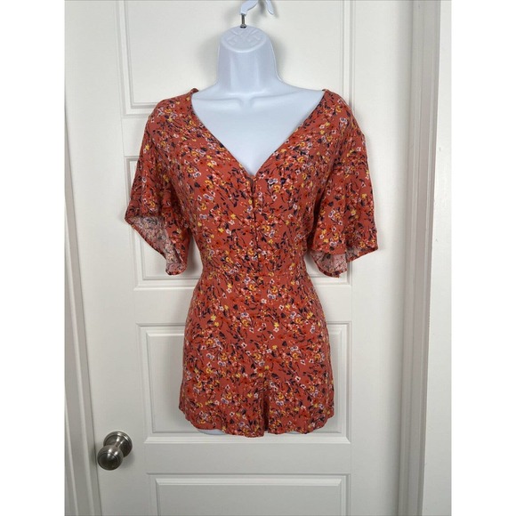 Jessica Simpson Orange Floral Short Sleeve Button Front Romper Size L - Picture 1 of 8